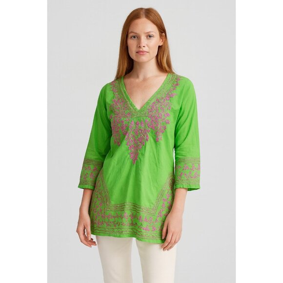 Gretchen Scott Green Cotton Tunic Top Embroidered V-Neck 3/4 Sleeves L boho - Picture 1 of 10